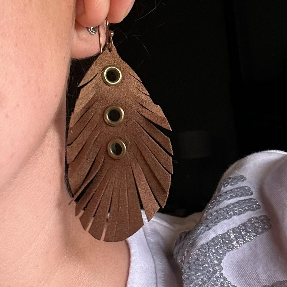 Handmade Suede Feather Earrings with Eyelets